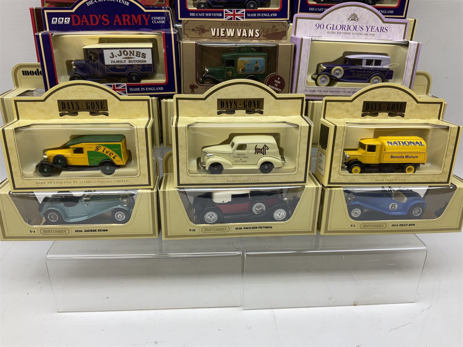 Various makers - forty-five modern die-cast models by Matchbox MOY, Days Gone, Lledo, Corgi etc including single models and sets, 1977 Silver Jubilee State Landau, commercial and promotional vehicles, passenger coach and horses, RAF etc; all boxed (45)