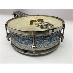 John Grey & Sons banjolele with unusual all over mottled blue and silver textured finish L57cm; in carrying case