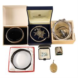 Silver jewellery, including bangles, heart locket, fob, silver thimble, costume jewellery ...