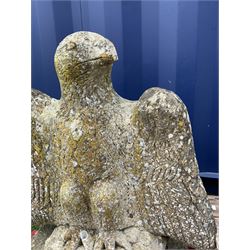 Pair composite stone perched eagle figures/gate post toppers with spread wings, on hexagonal slab base - THIS LOT IS TO BE COLLECTED BY APPOINTMENT FROM DUGGLEBY STORAGE, GREAT HILL, EASTFIELD, SCARBOROUGH, YO11 3TX