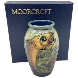 Moorcroft vase of slight ovoid form, decorated in the Trout pattern designed by Philip Gibson, with impressed and painted marks beneath, including date symbol for 1999, H10.5cm, with maker's box. 