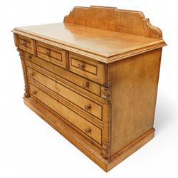 William Snowdon of Rochdale (fl.1876-1886) - Victorian sycamore chest of drawers, rectangular top with shaped gallery back above an arrangement of three short and three long drawers, each with moulded borders and turned wooden pulls, flanked by carved upright corbels, on a plinth base (99cm height including gallery)