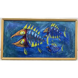 Edward Hardy 'Ted' Harrison (Canadian 1926-2015): Three Fish, oil on board signed and dated '66, 31cm x 61cm
Provenance: gifted to the vendor as a child in the 1960s by the artist. Harrison was a close friend of the vendor's father when the pair lived in County Durham, known by the family as 'Uncle Ted'. 

Born in a small colliery community in Wingate, County Durham, in 1923, Harrison studied at the Hartlepool School of Art and after the war was awarded a National Diploma at Durham University. He spent time abroad studying various artistic cultures; the present pictures are from his time spent in New Zealand, prior to him leaving for Canada and the Yukon where he enjoyed great success and was most successful. The vendor recalls the day in his parents’ Hartlepool home when 'Uncle Ted' came to bid his farewells; he drew the vendor a self-portrait in his autograph book of him standing under a toadstool, joking that he was ‘a small man’ - which he was!