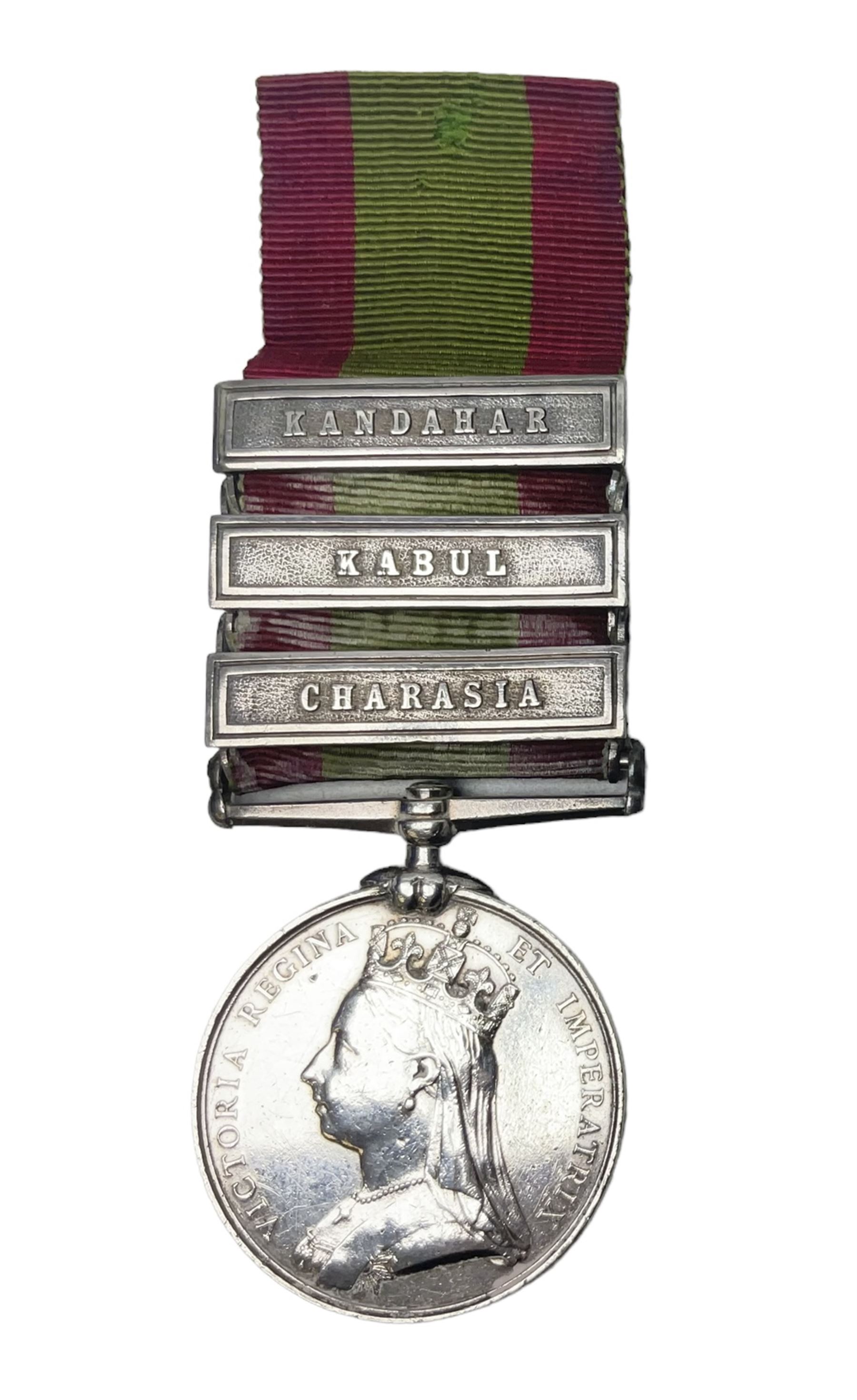 Victoria 2nd Afghanistan War Medal 1878-79-80 with three clasps for Kandahar, Kabul and Charasia, name erased, with ribbon