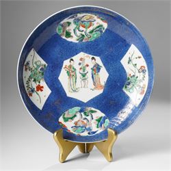 Chinese powder blue ground famille verte charger, possibly Kangxi, decorated with a centra...