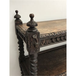  Victorian heavily carved two tier oak buffet, removable top tier on barley twist supports, the lower section fitted with panelled double cupboard,  W127cm, H135cm, D49cm  