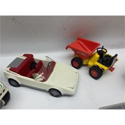Collection of 1980s/90s Playmobil - vehicles including Fire-Engine No.21, Mobil Crane No.28, Quick Service Truck No.1 with trailer, Dumper Truck, GSL Sports car, GS Turbo car and three motorcycles; together with boxed Knights Tournament Set, Playmospace Space Station and Shuttle, wigwam and various accessories and figures etc