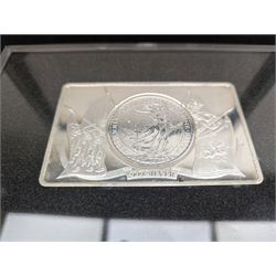 Baird and Co five ounce fine silver bullion 'Britannia Coin Bar', formed from a one ounce United Kingdom one ounce silver Britannia coin set into a four ounce bar, cased with Westminster certificate, together with various Queen Elizabeth II commemorative coins or medallions in card folders