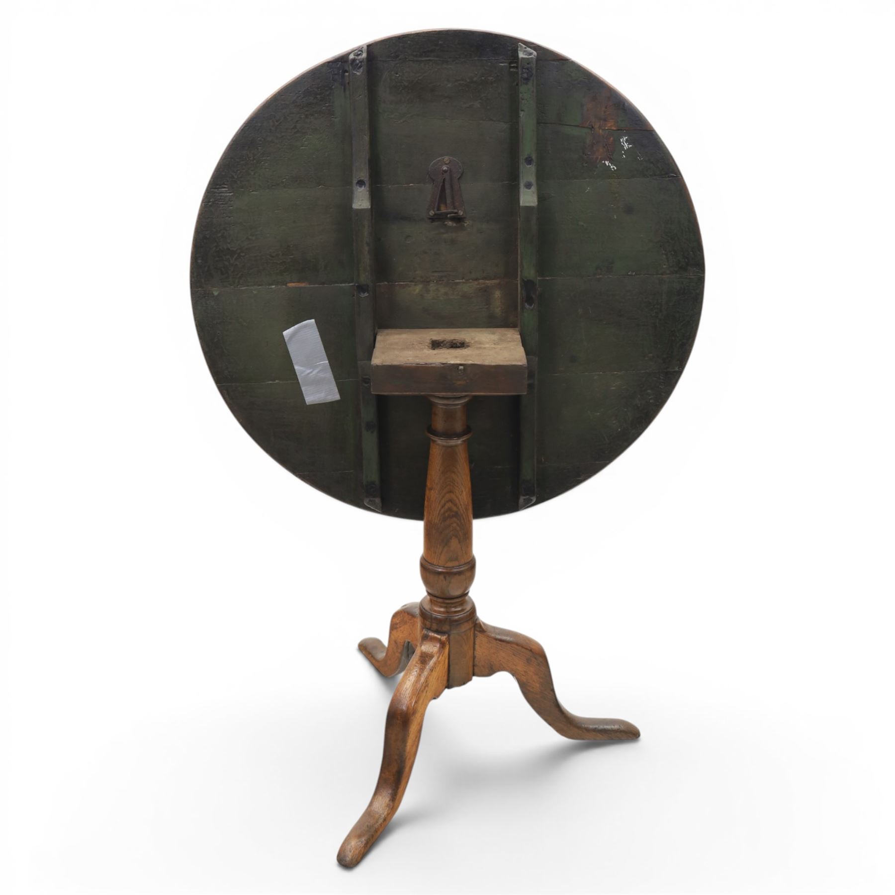Georgian oak tripod table, plank top with visible dowels with turned baluster column, raised on cabriole supports