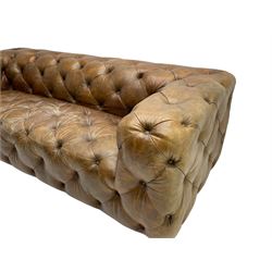 Three seat Chesterfield type club sofa, upholstered in deeply button Brazilian tan brown leather