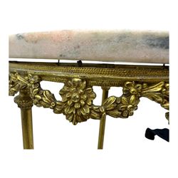 Late 20th century cast gilt metal and marble two-tier stand, pink and grey marble top and undertier, the base decorated with floral garlands, on reed moulded supports with splayed terminals 