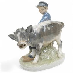 Three Royal Copenhagen figures, including Boy leading two Calves no. 1858, Boy with Calf no. 772, and Girl feeding Calf no. 779