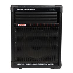 Nine Watkins WEM Song Bird Accordion amplifiers and speakers, including three Silver Songbird Full Range speakers, two Song Bird 200 amplifiers, two WEM amplifier heads and two Song Bird 200 speakers, largest H50cm 
