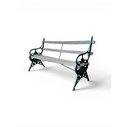 Coalbrookdale - Lily Pad design cast iron an wood slatted garden bench, late 19th century Aesthetic Movement, no. 217569, painted in green with iron centre support and seat stretcher, hardwood slatted