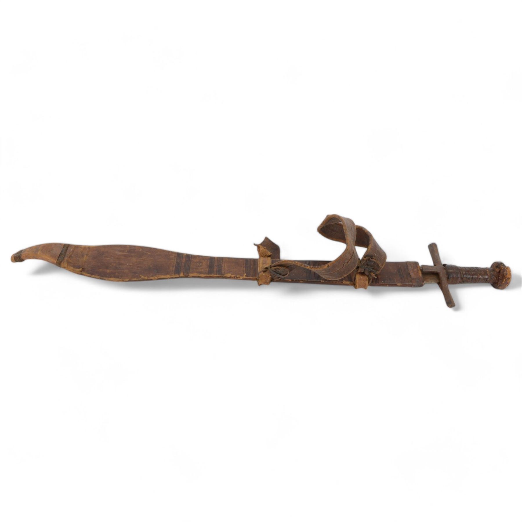 African Sudanese side-arm dagger with brass handle with cross detail, in leather scabbard, together with a collection of swords 