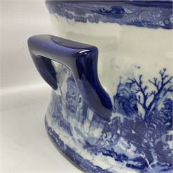 Victorian style, blue and white transfer printed footbath, decorated with town scene and with twin carry handles, L48cm