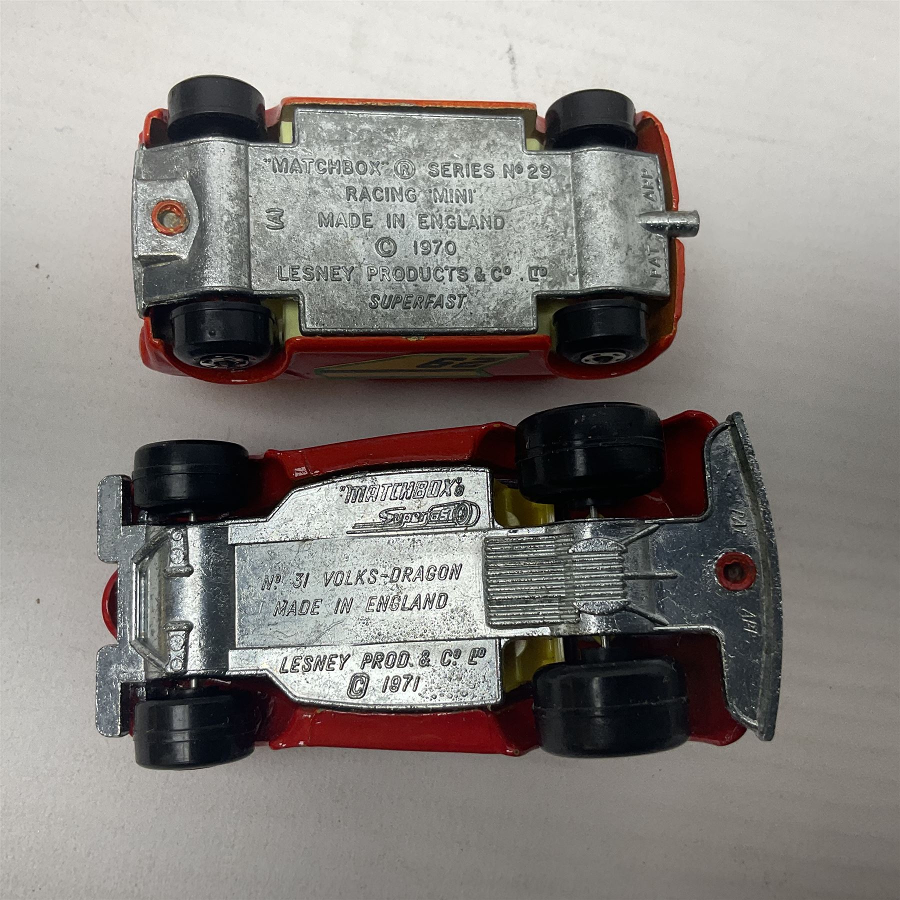 Matchbox 1-75 Series 'Superfast' ex-shop stock - eight models comprising 22d Freeman Intercity Commuter, 23e Volkswagen Camper, 29d Racing Mini, 30d Beach Buggy, 32d Maserati Bora, 34d Formula 1 Racing Car, 36d Hot Rod Draguar and 40d Vauxhall Gildsman 1; all boxed; and an unboxed 31d Volksdragon (9)