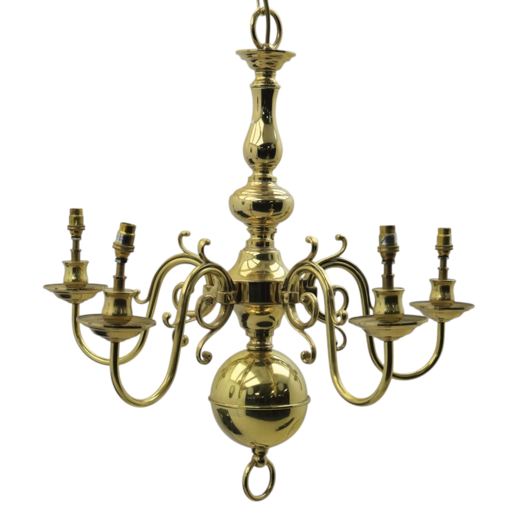 20th century brass five branch chandelier, with scrolled candle sconces and ball finial 