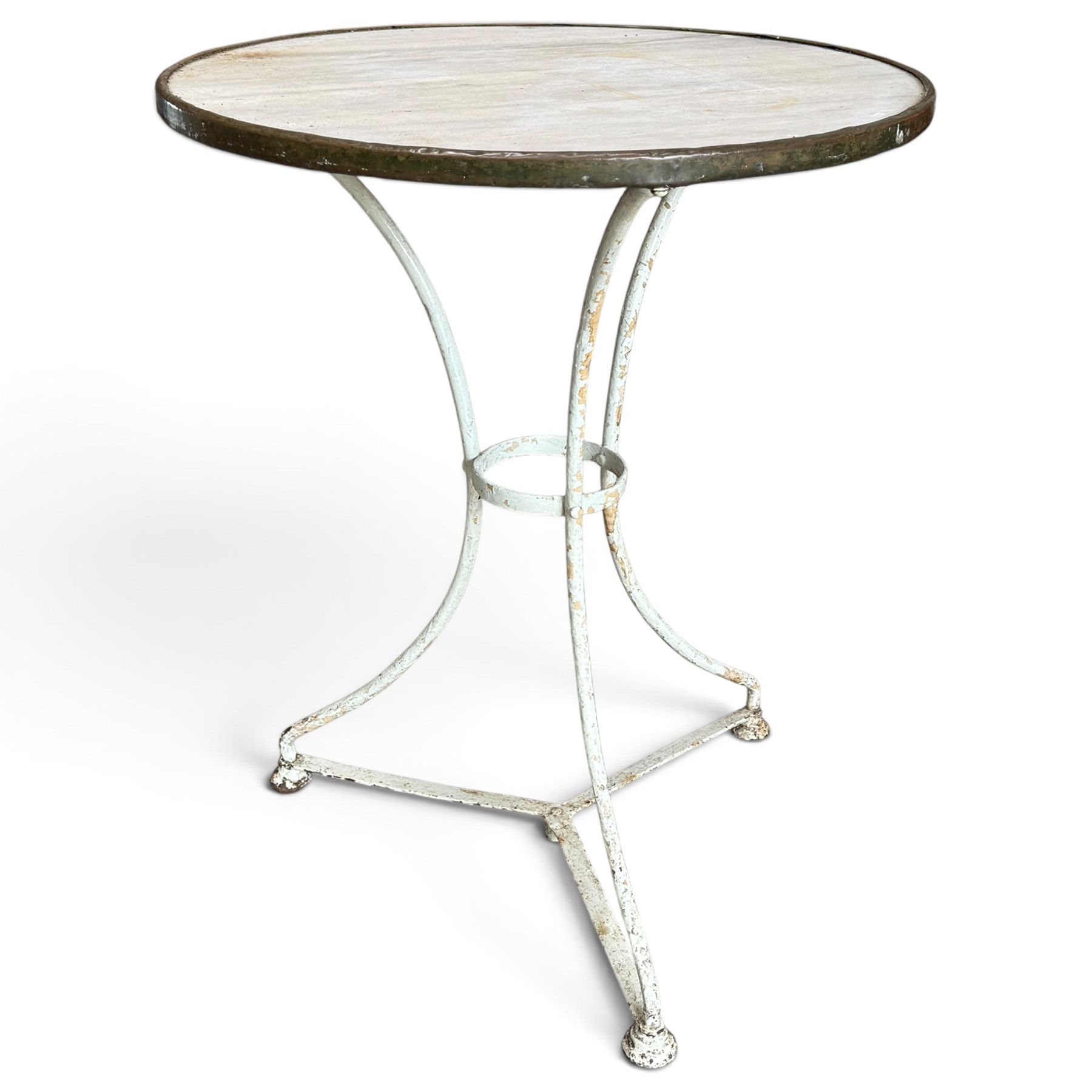 19th century French Arras design garden or bistro table, circular marble top with copper edge, raised on wrought iron triform base, in white painted finish
