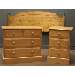  Solid pine chest fitted with two short and two long drawers, turned handles, (W82cm, H1cm, D46cm), matching three drawer bedside chest,(W46cm, H1cm, D46cm) and double headboard (W150cm)  