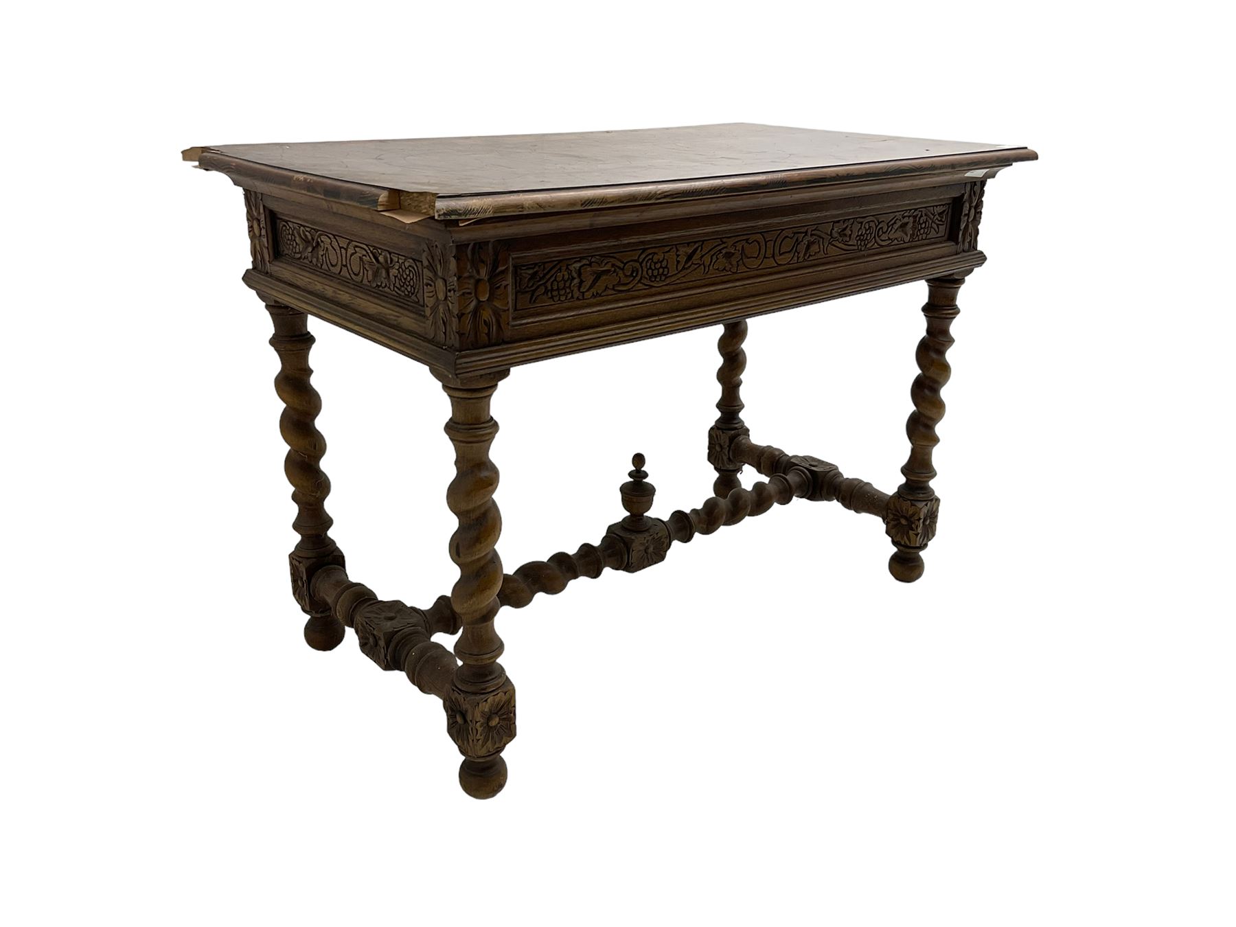 Early 20th century carved oak side table, the rectangular top with cross section inlay, frieze carved with foliate decoration, raised on spiral turned supports united by barley-twist stretcher with finial