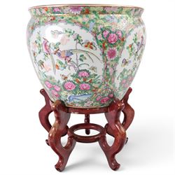 20th century Chinese famille rose fishbowl, decorated with birds in foliage, on hardwood s...