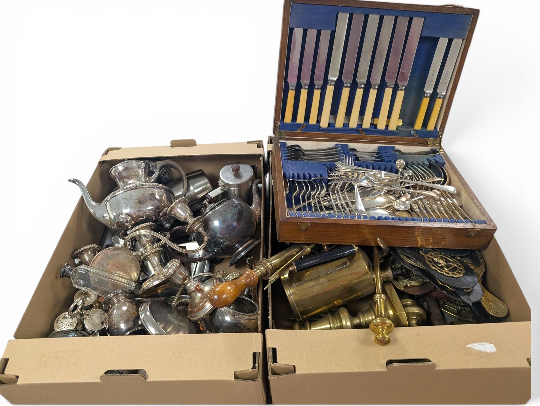 Collection of silver plate and brassware, including canteen of cutlery, horse brasses, candlesticks, teapots etc