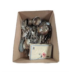 Collection of silver plated items, including salts, flatware, etc