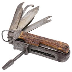 19th century coachman's folding pocket knife, the steel frame engraved with chevrons and t...