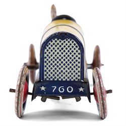 Early 20th century Lehmann tinplate clockwork 'Galop' no.760 racing car, yellow with blue stripes, driver and lithographed details, H6cm, L14cm