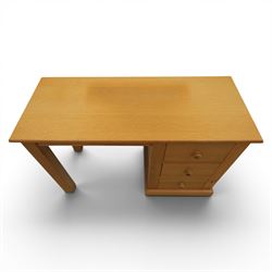 Contemporary oak dressing table, fitted with three drawers, with corresponding mirror and stool