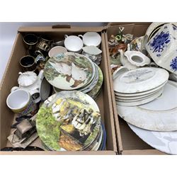 Collection of Victorian and later ceramics, to include large Royal Worcester Evesham tureen and gilt tea wares, Wedgwood, figures, collectors plates etc in three boxes