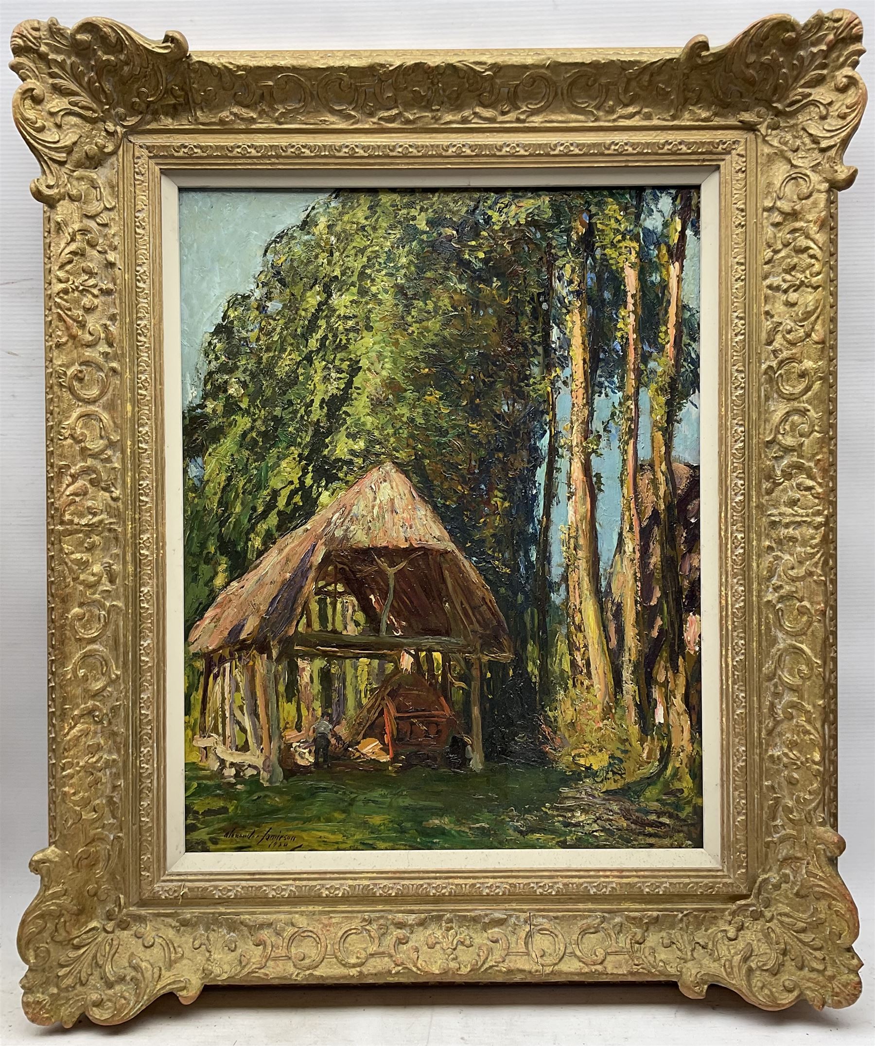 Alexander Jamieson (Scottish 1873-1937): A Summer Farmyard, oil on panel signed and dated 1920, 50cm x 40cm