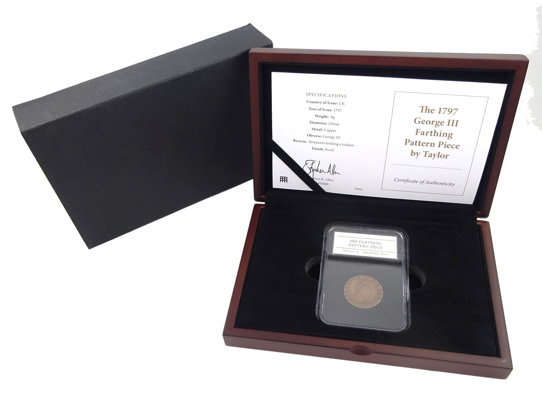 George III 1797 pattern farthing in copper, by W.J. Taylor, cased with Westminster certificate 