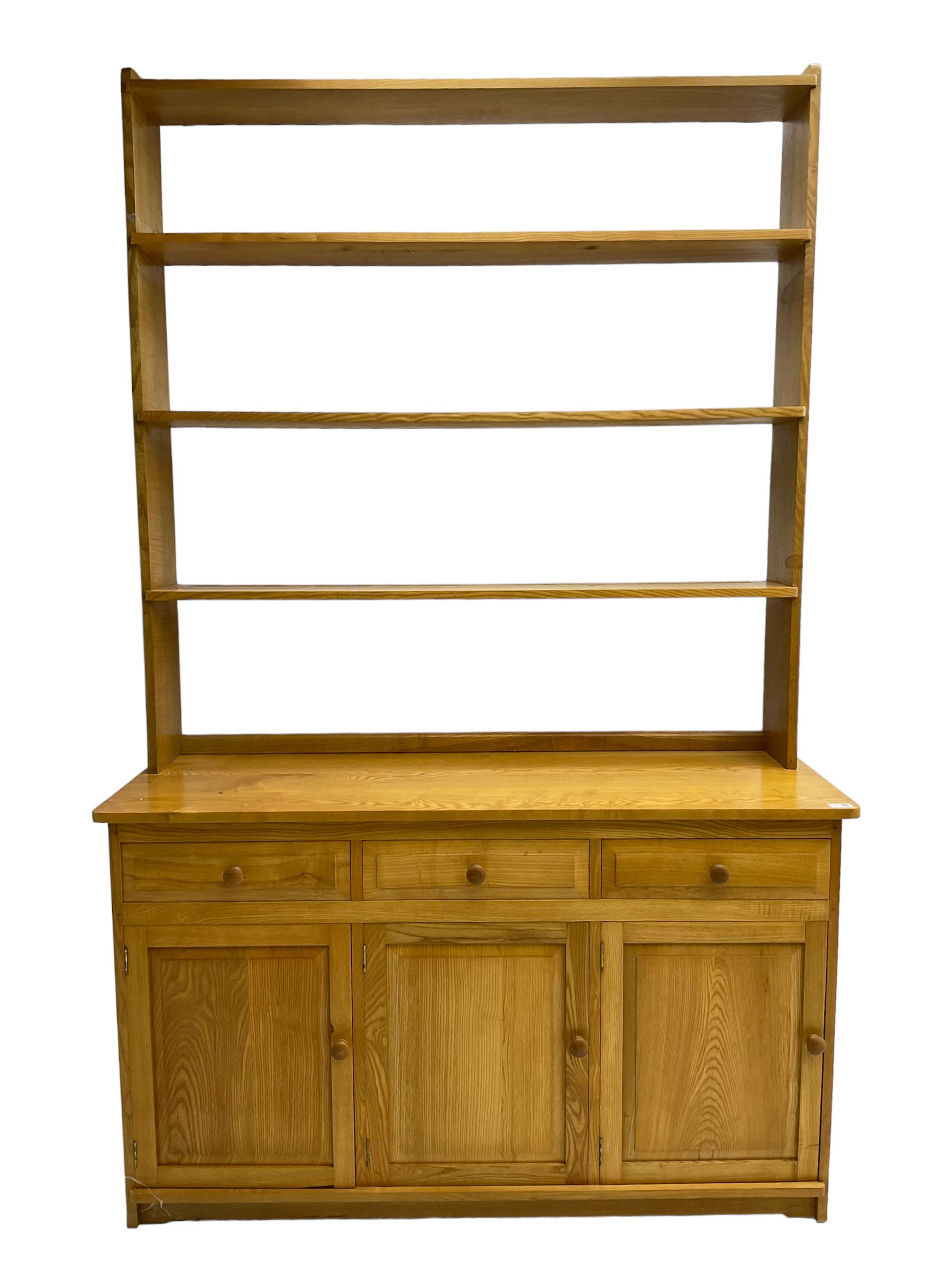 Treske - ash dresser, raised three height plate rack over three drawers and three panelled cupboards