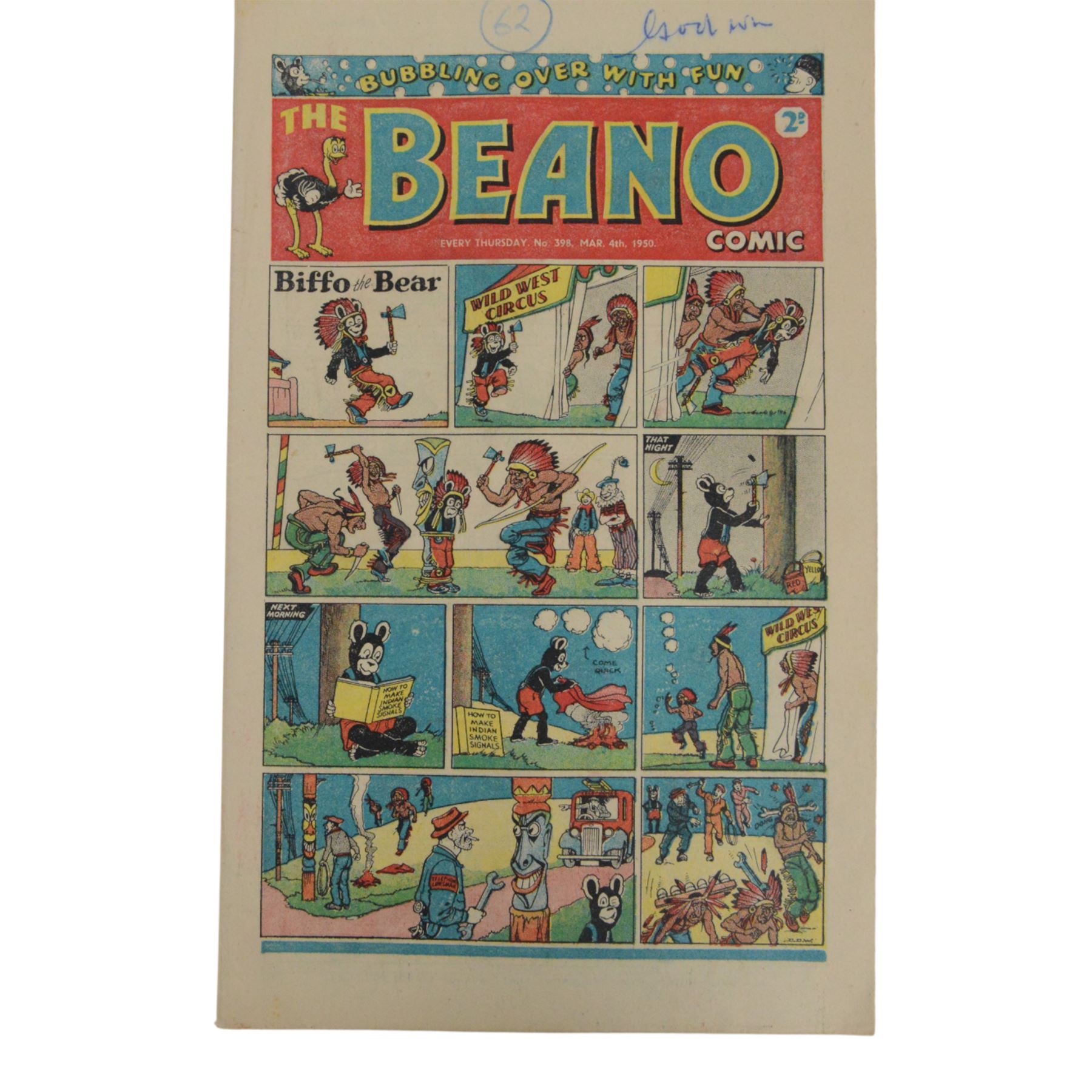 Seven 1940s and 50s The Beano comics, including 1941 issue no.166 propaganda war issue, with Big Eggo black-out cover, 1948 issue no.329, 1949 issue no.368, 1949 issue no.379, 1950 issue no.398,  1950 issue no. 424 and 1954 issue no. 603