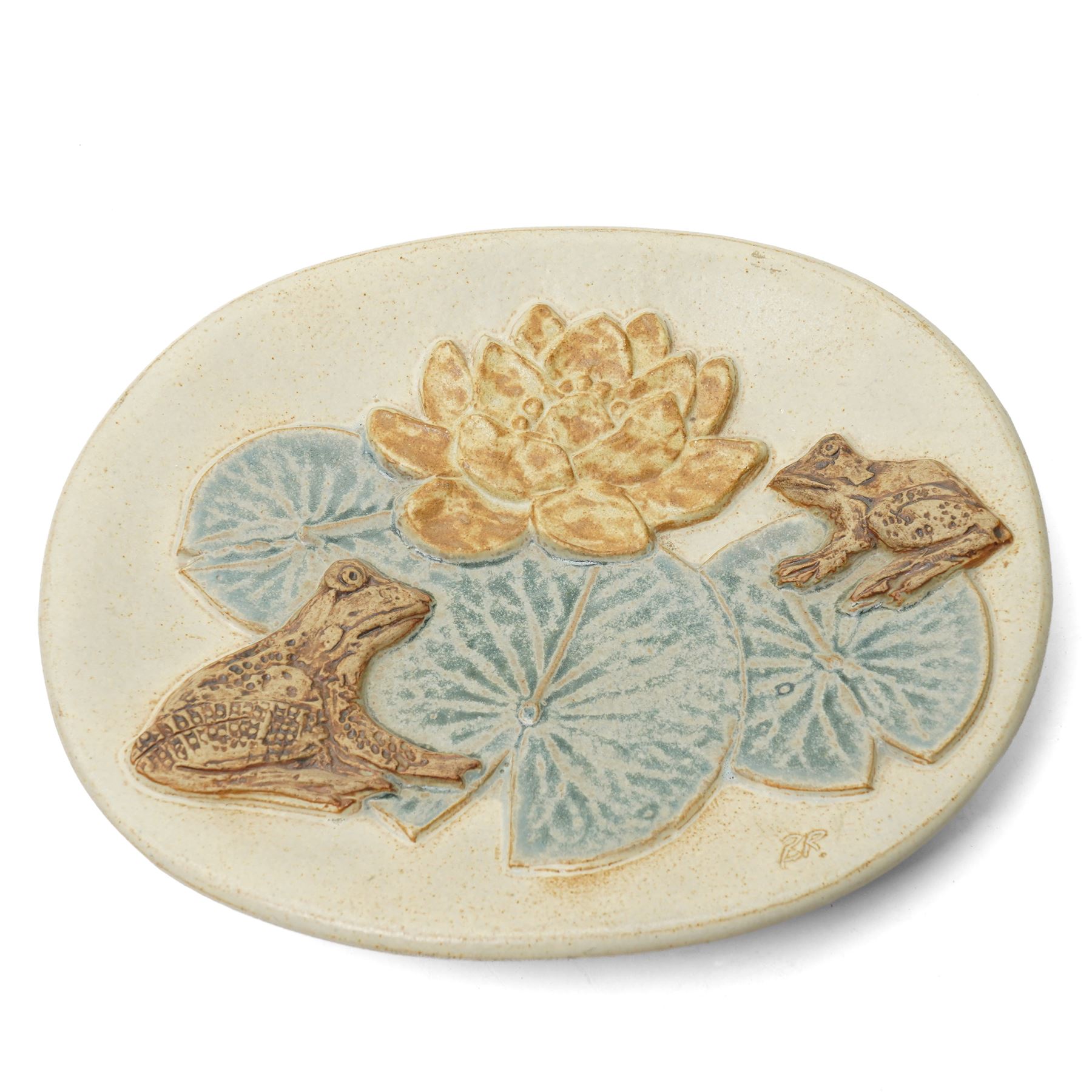 Bernard Rooke (1938-) - Studio pottery dish of shaped oval form with a raised pattern of lily pads and frogs W29cm with Bernard Rooke paper label and purchased from The Mill Gallery, Swilland, Ipswich and inscribed 'B R'