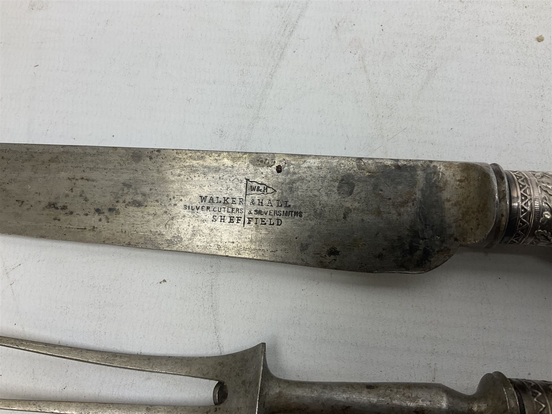 Early 20th century Indian wooden fish scabbard knife and fork serving set, together with other carving instruments with antler handles to include a Walker & Hall example