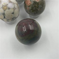 Six mineral specimens spheres, comprising jasper red, spotted agate, unakite, sardonyx, petrified wood and bloodstone, D2cm