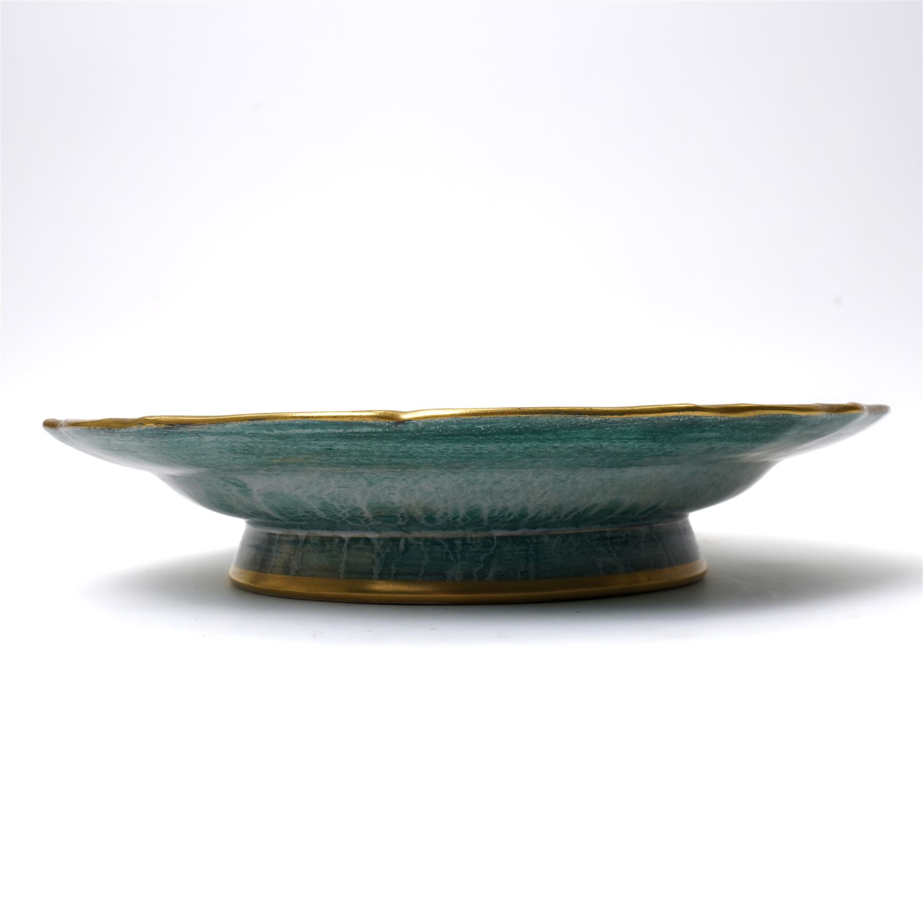 Josef Ekberg (Swedish 1877-1945) for Gustavsberg comport, c1930s, decorated in gilt with tree detail on a green lustre ground, gilt signature to base, D31cm