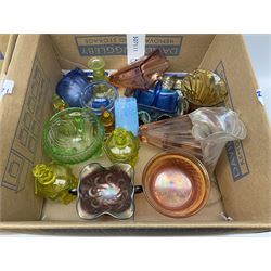 Collection of coloured glass and carnival glass, including a pair of art deco wall pockets, carnival glass bowl with twin handles,  set of six green drinking glasses etc. 
