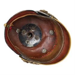 WWI Prussian Pickelhaube, Baden Infantry Regiment, the black leather skull with detachable brass spike, the circular base plate set with four star retaining studs, brass eagle helmet plate, both sides with red and black cockades