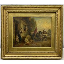 John Anthony Puller (British 1799-1886): The Stubborn Donkey outside 'S Brown's Greengrocer', oil on canvas signed 19cm x 24cm 