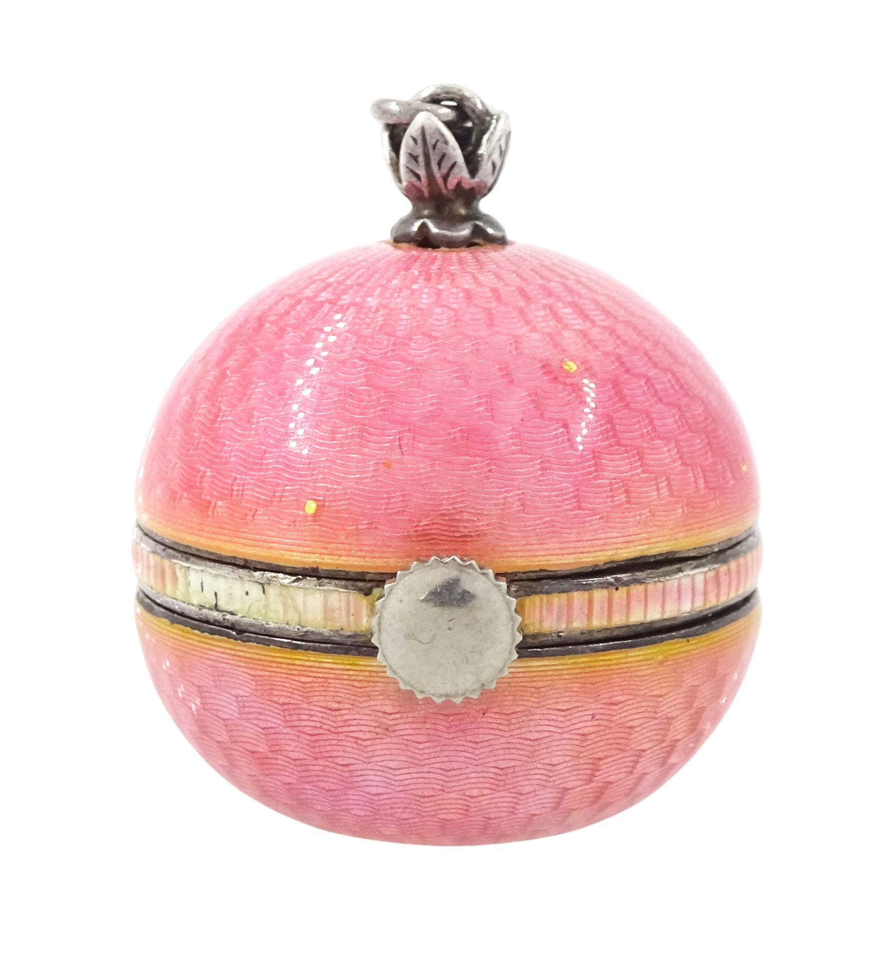 Early 20th century ladies keyless cylinder ball watch, silvered dial with Arabic hour markers and pink guilloche enamel decoration