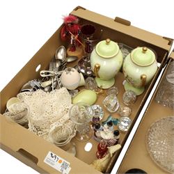 Keith Murray for Wedgwood - pair of tots decorated with weather vanes, assorted table glass, five Swarovski glass items, silver and plated decanter labels, plated brandy glass warmer etc in three boxes