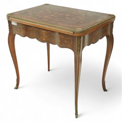 Early 20th century inlaid fold-over card table, the rectangular top with scrolling floral ...