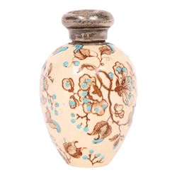 Victorian silver topped porcelain scent bottle, hallmarked Cornelius Saunders & Frank Shepherd, Birmingham, 1888, of ovoid form, decorated with floral sprigs upon a cream ground with blue enamel detail, H7cm