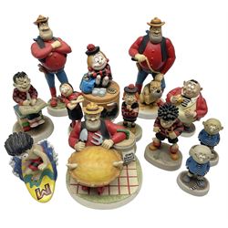 Eleven Robert Harrop figures from the Beano Dandy collection, comprising One Man & His Dawg BDS08, Picnic Desperate Dan BDS04, Fatty BD07, Desperate Dan BD03, Roger the Dodger BD20, Dennis the Menace BD01, Beryl the Peril BD05, Minnie the Minx BD04, Surfing BP03, two Spotty BD16, together with a Genuine Beano Ware lidded box (12)