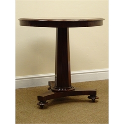  William IV mahogany tea table, circular moulded tilt top on tapering octagonal column support, the trefoil base with bun feet, brass sockets and wooden castors,  D74cm, H71cm  (MAO1103)  