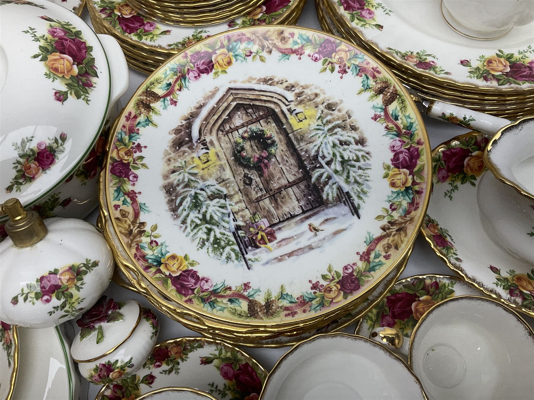 Royal Albert Old Country Roses pattern part tea and dinner service, including coffee pot, miniature teapot and stand, eight dinner plates, cake stand, sauce boat etc 